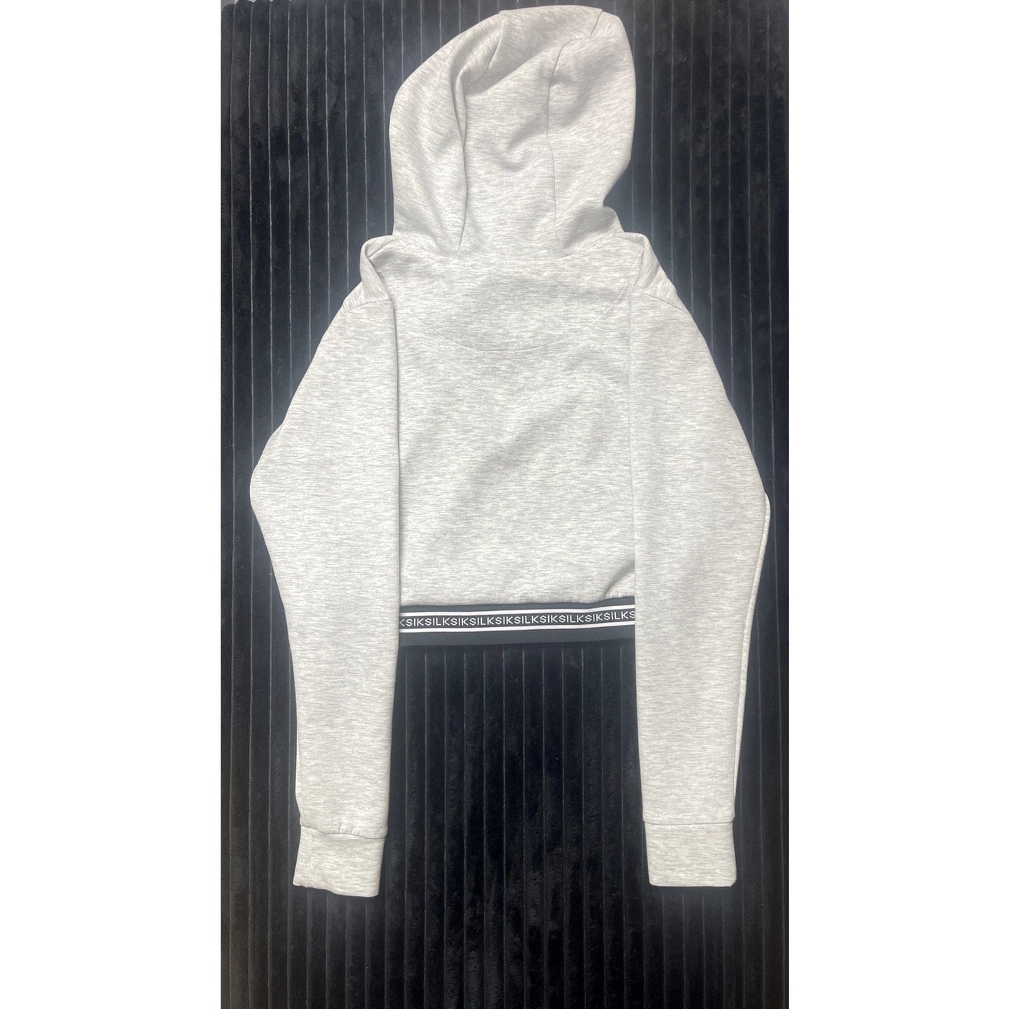 SikSilk Women's Cropped Jacket/Joggers Set Sz 8 Gray Black & White Striped Logo