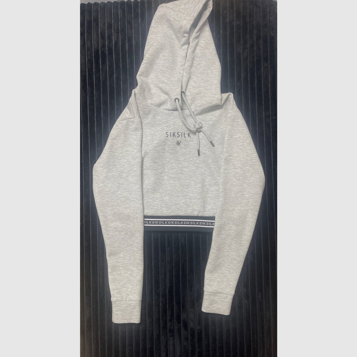 SikSilk Women's Cropped Jacket/Joggers Set Sz 8 Gray Black & White Striped Logo