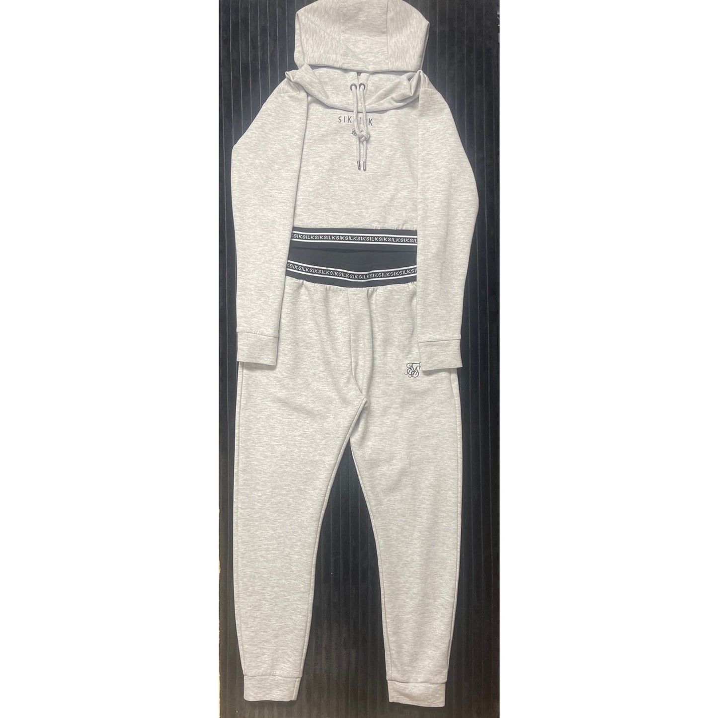 SikSilk Women's Cropped Jacket/Joggers Set Sz 8 Gray Black & White Striped Logo