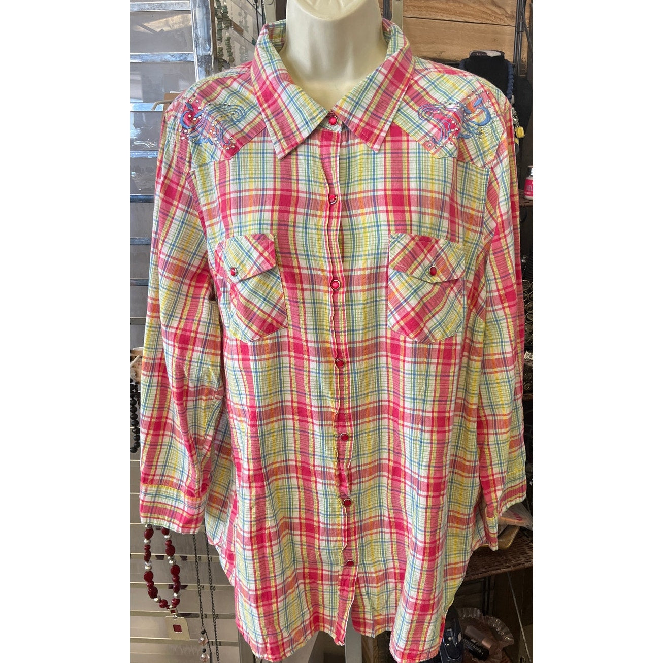 "Vintage Gibson Trading Co. Women's Paisley Striped Pearl Snap Shirt Size 2X"