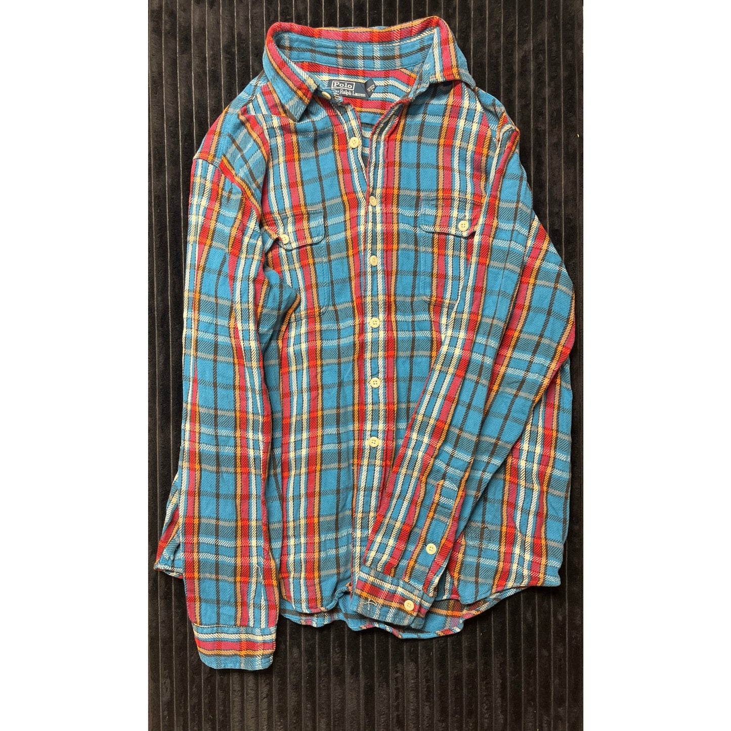 Polo Ralph Lauren Vintage Camp Button-Up Shirt Men’s S Plaid Blue Orange Red Black