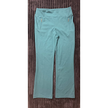 SOHO Apparel Women's Green Wide Leg Dress Pants Size Medium Gold Zipper Pockets