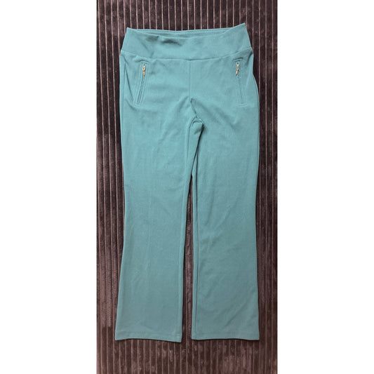 SOHO Apparel Women's Green Wide Leg Dress Pants Size Medium Gold Zipper Pockets