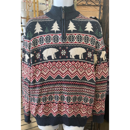 Aspen Men's Long Sleeve Pullover Sweater Sz XL Polar Bear Winter Scene Quarter Zip