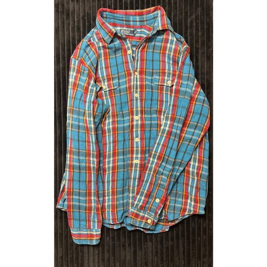 Polo Ralph Lauren Vintage Camp Button-Up Shirt Men’s S Plaid Blue Orange Red Black