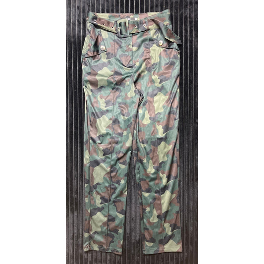CBR Women's Green Camo Straight Leg Pants with Belt - Size M Cotton Polyester
